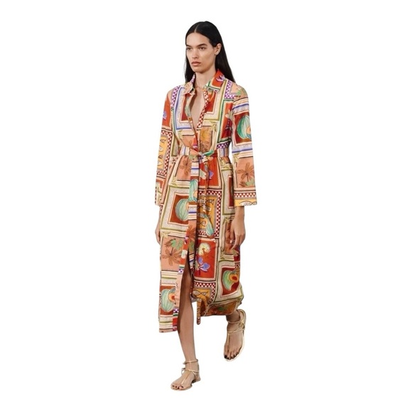 🌺 ZARA Printed Shirt Dress Multicolor 100% Cotton Belted Midi Dress Size XL NWT - Picture 4 of 8